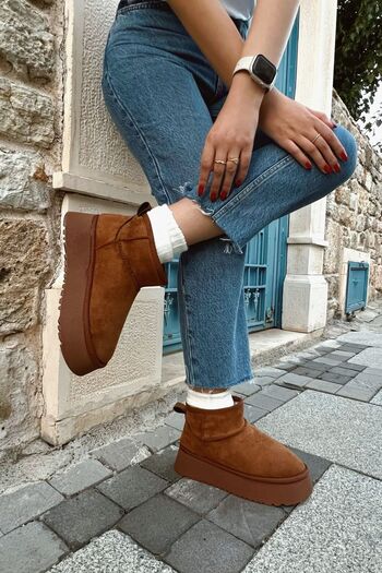 POLKA STORE Άνετα γυναικεία μποτάκια Chestnut Ultra Mini Platform με επένδυση από γούνα με χοντρή σόλα