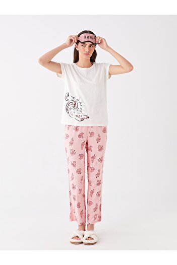 LC Waikiki Bisiklet Yaka Baskılı Kısa Kollu Kadın Pijama Takımı