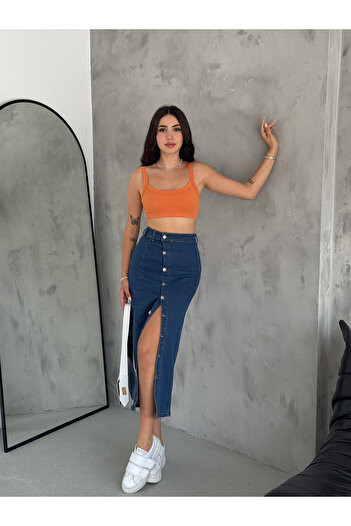 OXEDCO Fustă de damă, cu nasturi în față, lungime maxi, albastru închis din lycra din denim