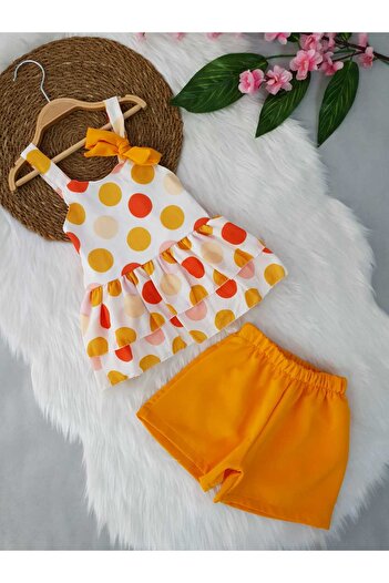 aden kids Girl's Crepe Dress and Mustard Shorts Set - Polka Dot