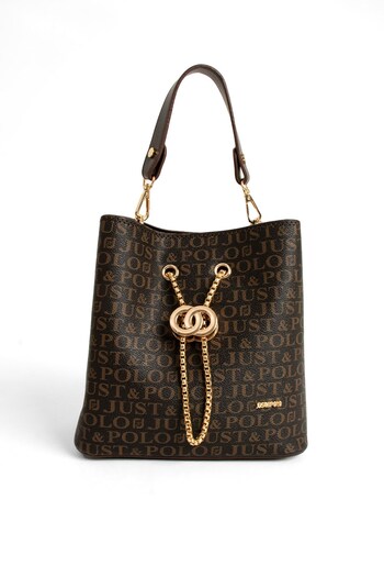 Just Polo Monogram Printed Brown Women's Hand and Shoulder Bag - Long Strap, 3 Compartments PBU5602