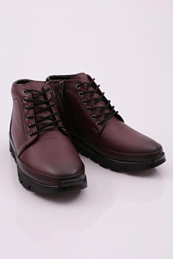 DGN Women's Zipper Detailed Lace up Boots Burgundy Genuine Leather