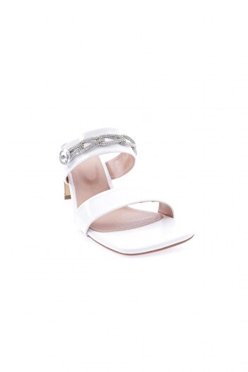 DGN 1043-23y White Patent Leather Women's Heeled Slippers - Crystal Stone Banded