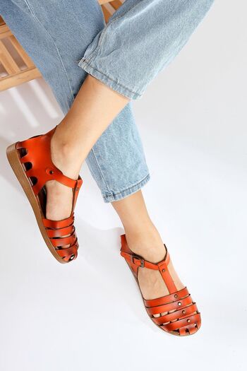 Limoya Genuine Leather Helen Orange Fingers Covering Bodrum Women's Sandals