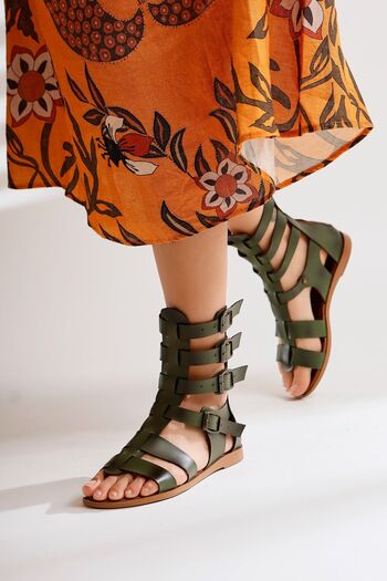 Limoya Genuine Leather Miranda Khaki Zippered Gladiator Women's Sandals