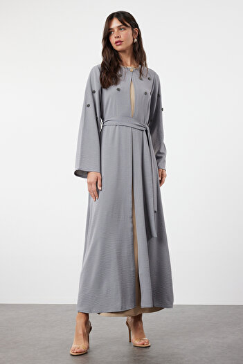 Trendyol Modest Gray Stone Accessory Belted Woven Cap - Ferace/Abaya TCTSS24KF00038