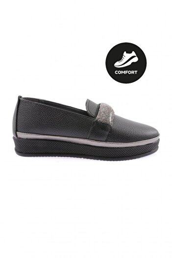 DGN Women's 307 Model - Comfortable Black Thick Sole Shoes with Silver Stones