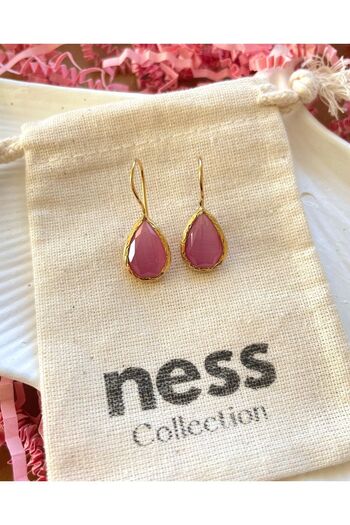karışık kaset Small Cat's Eye Natural Stone Pink Drop Earrings
