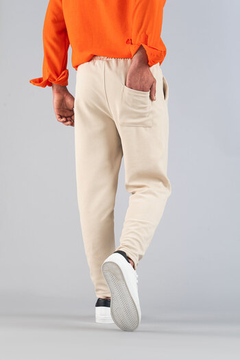 bombe Men's Beige Trousers Elastic Waist Slim Fit Stretchy Lycra Basic Cotton Jogger