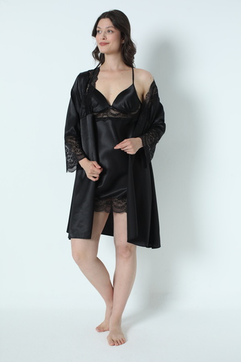 Alissa Shorts Set Bridal Dowry Set - Black Satin, 6-Piece Nightgown and Dressing Set 8610