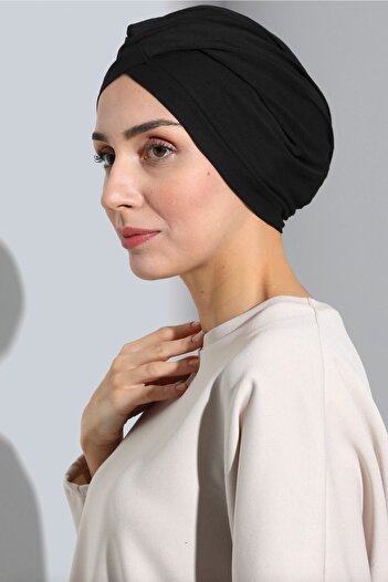 Vera Aura Ready Turban Bonnet Combed Black Bonnet Cross Banded Women's Hijab Bonnet Inside and Outside