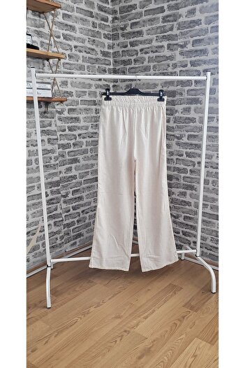 LO ADORO Pantaloni de in bej cu talie înaltă și detaliu guipur - 100% in, croială lejeră