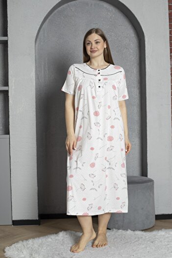 SEBOTEKS Buttoned Collar Short Sleeve 100% Cotton Combed Plus Size Mother's Nightgown 1515