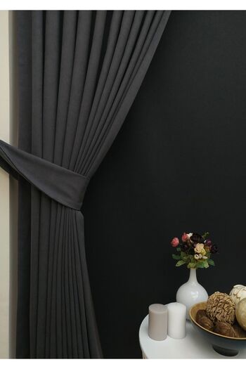 Evdepo Home Crown Anthracite Plain Color Pleated Soft Background Curtain, 1/2,5 Normal (MEDIUM) Pleat, Single Wing