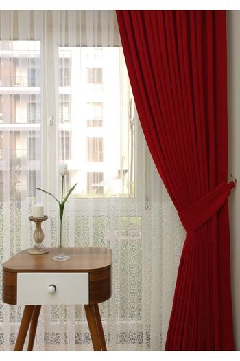 Evdepo Home Crown Honeycomb Textured Red Solid Color 1/2 Sparse Pleated Soft Background Curtain, Sparse Pleat, Single Wing