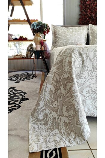 Konyaaltı Çeyizevi Double Bedspread Set Beige Color Leaf Patterned