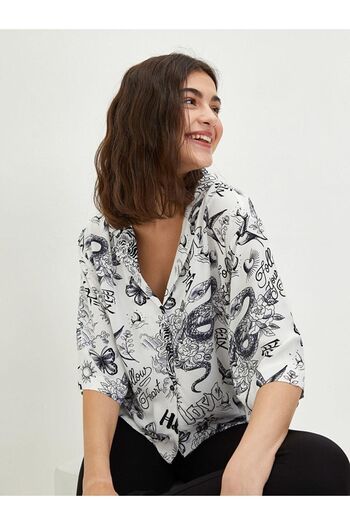 LC Waikiki Jacket Collar Printed Short Sleeve Viscose Women's Shirt
