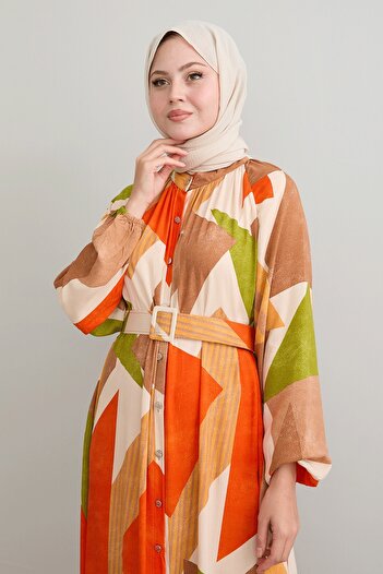 InStyle Orange Viscose Dress - Geometric Pattern and Belt
