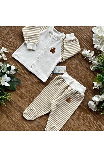 PATSAN Organik Pamuk Penye Bebek Basic Çıtçıtlı Alt Üst Patikli Pijama Takım Çizgili