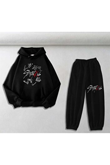 Touz Moda Stray Kids Baskılı Siyah Oversize Kapüşonlu Sweatshirt & Eşofman Altı Unisex İkili Takım