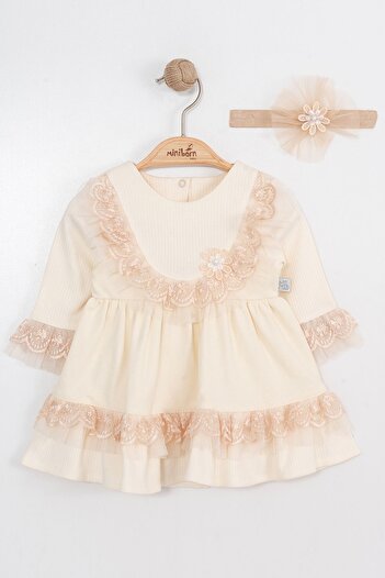 MİNİBORN NEW BORN GIRL LONG SLEEVE ECRU FLOWERED RUFFLE DRESS SET