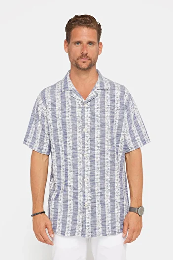 Tudors Men's Striped Relaxed Fit Short Sleeve Apache Collar Ecru Summer Shirt
