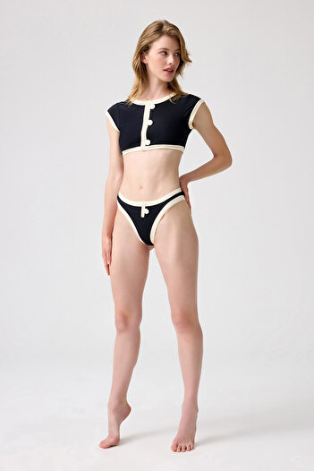 Los Ojos Melodi Vintage Ribbed Halter Neck Black-Cream Bikini Top - Top2