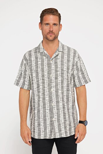 Tudors Men's Striped Relaxed Fit Short Sleeve Apache Collar Ecru Summer Shirt