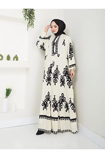 MODAMERSİ Ecru Viscose Patterned Women's Dress