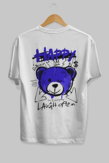 Ankhises Happy Bear πίσω εμπριμέ λευκό μπλουζάκι υπερμεγέθη Unisex ανδρικό γυναικείο λαιμόκοψη