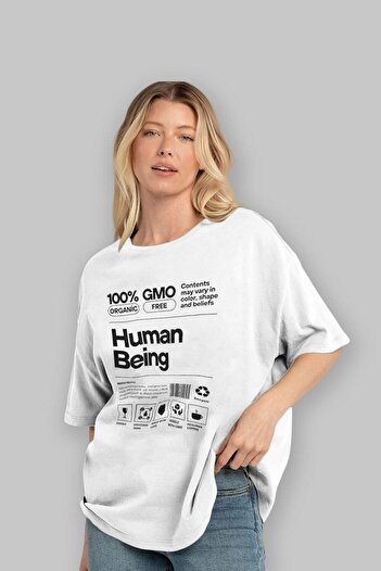 Ankhises Ανδρικό γυναικείο λευκό μπλουζάκι Oversize - Crew Neck, Human Being Front Printed