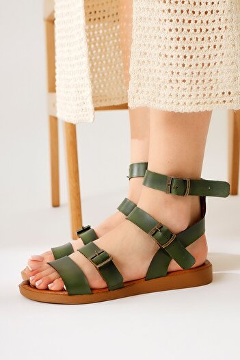 Limoya Genuine Leather Santana Khaki Women's Sandals with Triple Buckle Detail