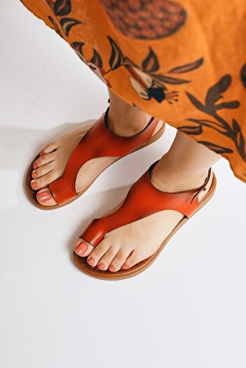 Limoya Genuine Leather Laili Orange, Orange Flip Flops Women's Sandals