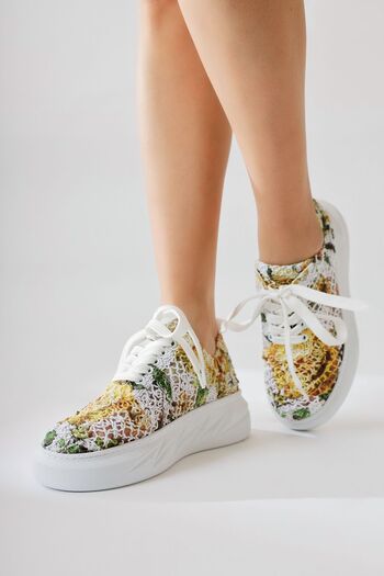 Limoya Biba Yellow Knitwear Pattern Printed Lace-Up Women's Sneakers, Lace-Up Sneakers