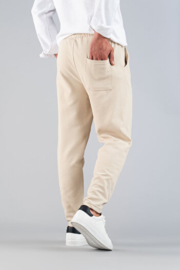 bombe Men's Beige Trousers Elastic Waist Slim Fit Stretchy Lycra Basic Cotton Jogger