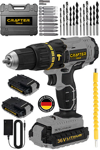 CRAFTERTOOLS 36V 5Ah Şarjlı Darbeli Matkap Vidalama Seti Çelik Şanzuman Çift Bataryalı Akülü Vidalama 24 Parça