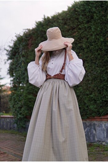 Launes Vintage Plaid Beige Skirt with Pockets