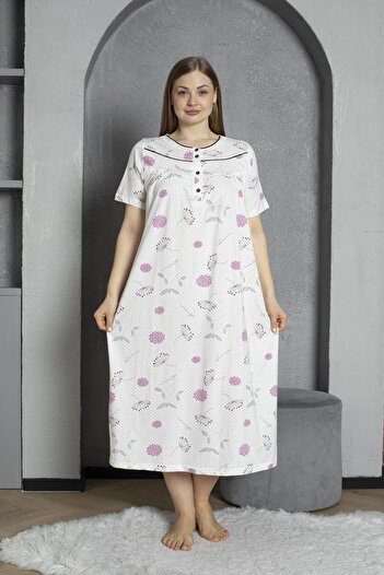 SEBOTEKS Buttoned Collar Short Sleeve 100% Cotton Combed Plus Size Mother's Nightgown 1515