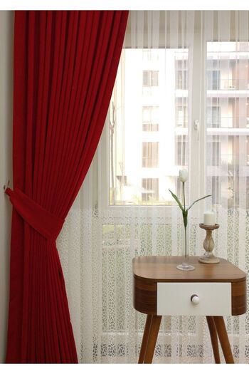 Evdepo Home Crown Honeycomb Textured Red Solid Color 1/2 Sparse Pleated Soft Background Curtain, Sparse Pleat, Single Wing