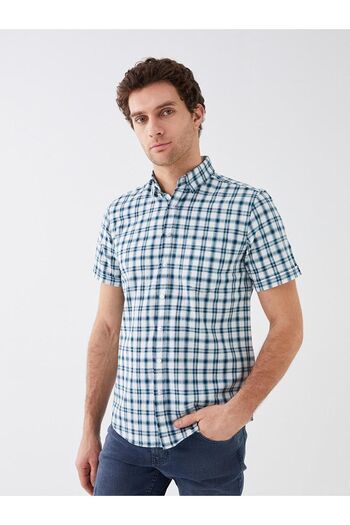 LC Waikiki LCWAIKIKI Оксфордська сорочка в клітинку з коротким рукавом з візерунком Regular Fit Чоловіча сорочка