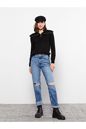 LC Waikiki LCW Casual Polo Neck Self-Patterned Long Sleeve Women's Knitwear Sweater