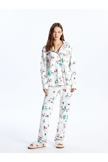 LC Waikiki Gömlek Yaka Yılbaşı Temalı Uzun Kollu Kadın Pijama Takımı