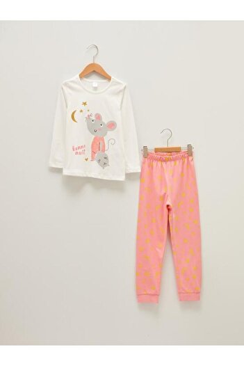 LC Waikiki Bisiklet Yaka Baskılı Uzun Kollu Kız Çocuk Pijama Takımı
