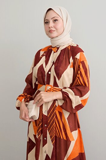 InStyle Brick Color Geometric Patterned Viscose Belt Dress