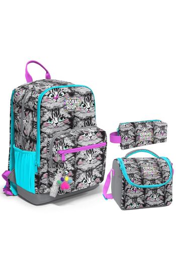 Coral High Gray Cat Triple Primary and Secondary School School Bag Set for Girl