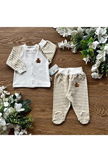 PATSAN Organik Pamuk Penye Bebek Basic Çıtçıtlı Alt Üst Patikli Pijama Takım Çizgili