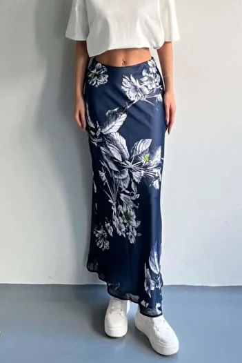 Hisleria Țesătură din satin de vară Motiv cu flori Părți de capăt Detaliu din tul Fustă maxi (lungă) Înălțime împodobită, albastru bleumarin
