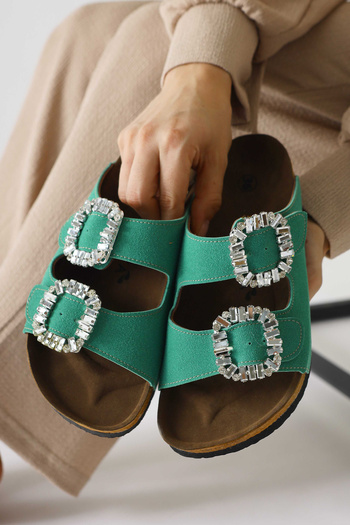 Limoya Γυναικείες παντόφλες Venice Green Suede Stone με λεπτομέρεια με διπλό λουράκι