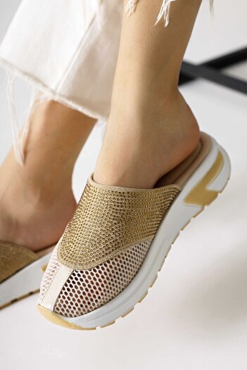 Limoya Suma Gold Mesh Detailed Stone Women's Slippers