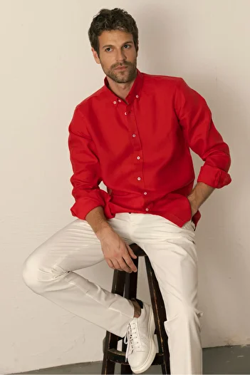 alenmeza Men's Red 100% Linen Modern Fit Shirt - Button Collar, No Pocket